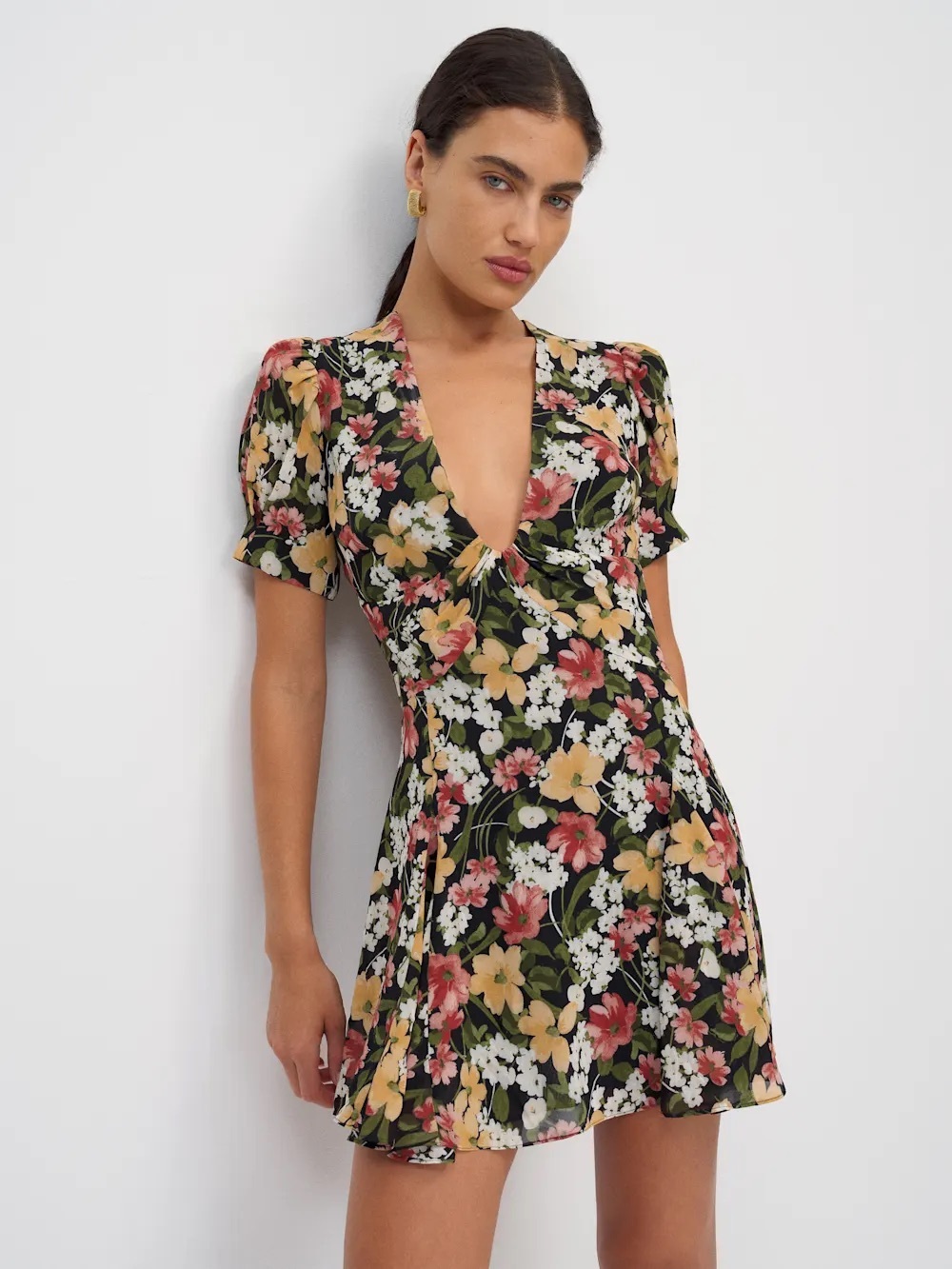 Reformation Akaia Black Floral V-Neck Puff Sleeve Mini Dress